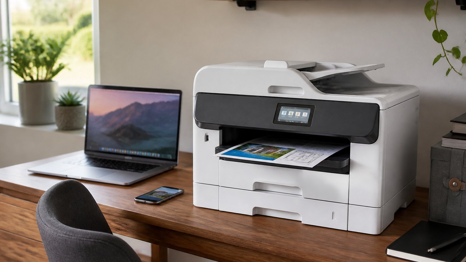 Wireless large-format printer near a laptop on a UK desk